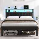 OLEVS Queen Size Bed Frame with LED Lights & Charging Station, Modern Platform Bed with 2-Tier Storage Headboard, No Box Spring Needed, Noise Free