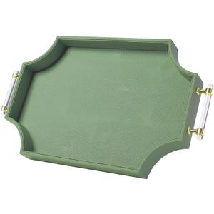 22.6'' 13'' Coffee Table Tray Shagreen Decorative Tray for Ottoman Home Decor Serving Tray with Acrylic Gold Handles Modern Elegant Scalloped Large Ottoman Tray