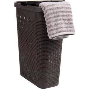 Mind Reader 40L Slim Laundry Hamper, Clothes Basket, Lid, Wicker Design, Plastic, 18"L x 10.4"W x 23.5"H, Brown (Single)