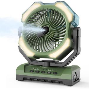 Camping Misting Fan - Portable Rechargeable Fan with 9oz Tank, Light, Hook - Battery Power 120H MAX Working, Fast Cooling, 4 Speed, Timer, Sleep Mode, for Outdoor, Travel, Patios, Beach (Green)