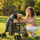 GTPLAYER Foldable Pet Stroller for Small Dogs and Cats, Holds Up to 33 lb, 4-Wheel Stroller with 2 Safety Tethers, Breathable Mesh, Lockable Front Wheels, Cup Holder/Tray & Storage Pocket, Green
