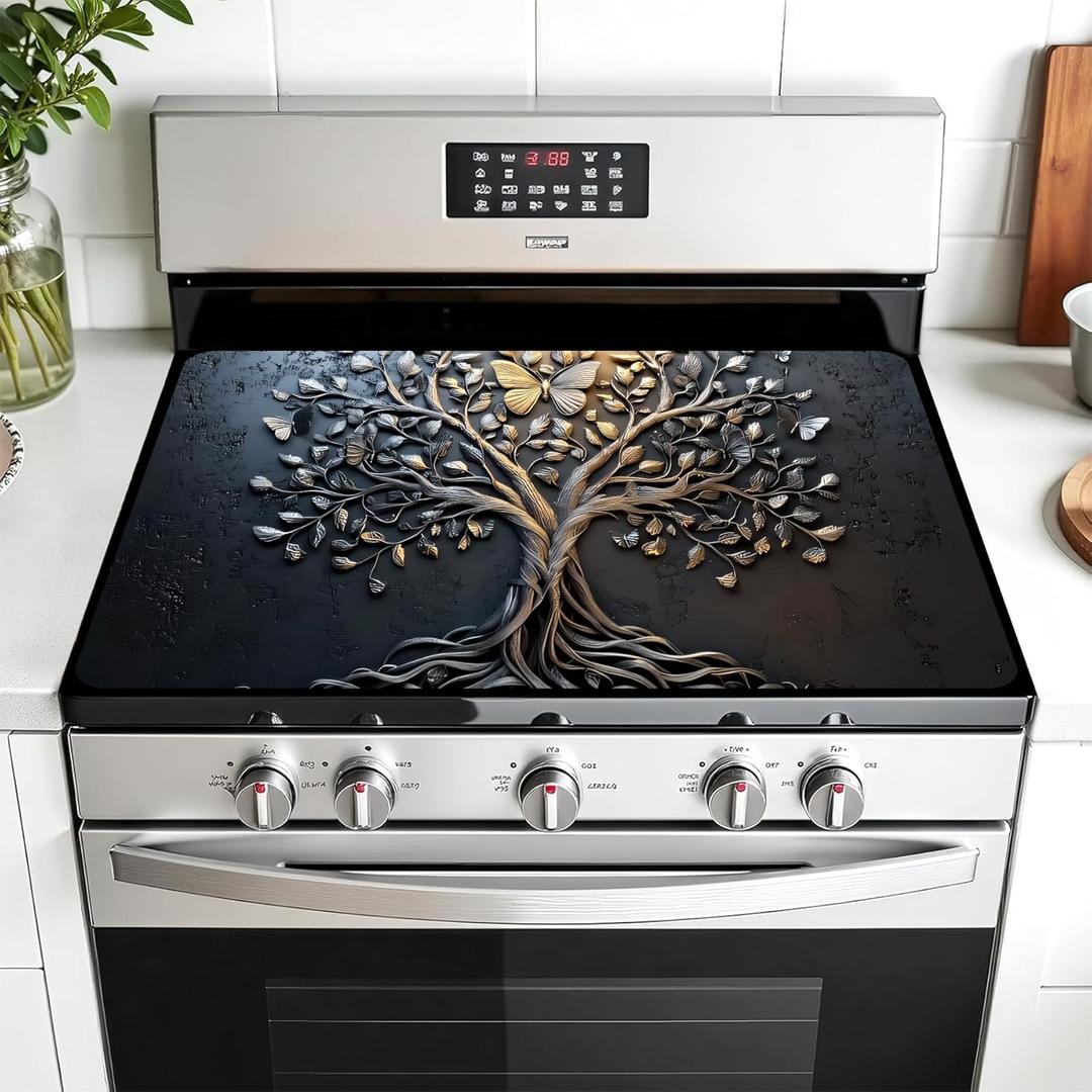 Multi-Design Stove Top Cover for Glass/Electric Stoves - 3-in-1 Heat-Resistant Protector Mat, Non-Slip Drying Rack 28"x20" (Tree of Life - Black, 28"L x 20"W)