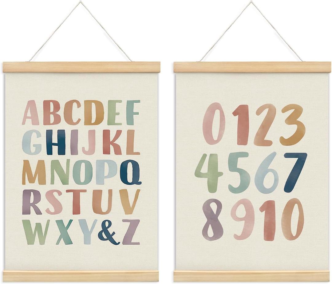 foedor Alphabet Numbers Poster Framed, Nursery ABC Wall Decor Poster Hanger Frame,Hanging Banner Decor for Nursery Toddler Girls Room Play Room, 12x16 Inch, Set of 2