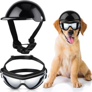 2 Pcs Dog Sunglasses and Pet Helmet Set, Dust Wind UV Protection Dog Helmet and Goggles Adjustable Puppy Motorcycle Helmet Bike Hat for Medium or Large Pet