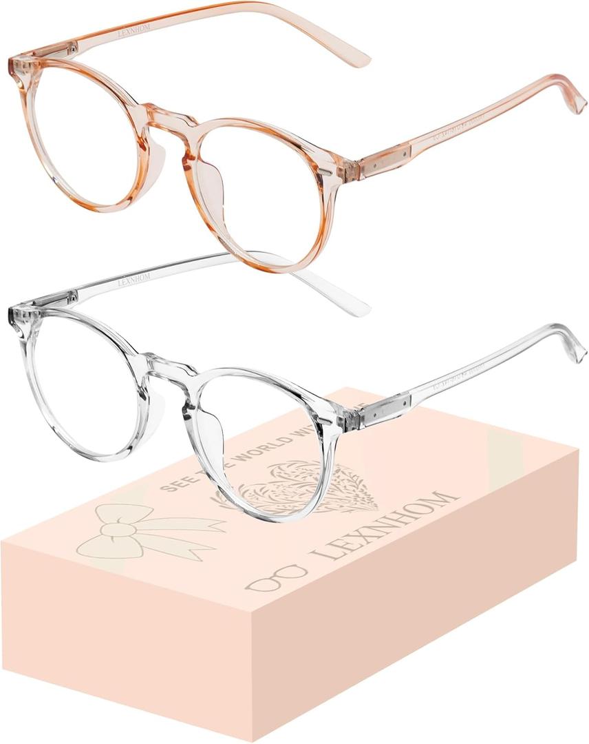 2 x Blue Light Glasses for Woman, Blue Light Blocking Lightweight Round Eyeglasses for Computer TV Gaming Phone Screen,Eye Strain (Champagne+crystal)