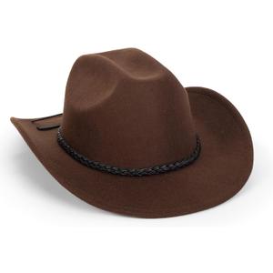 Classic-Western-Cowboy-Hat Upturn-Brim Felt-Cowgirl-Hat Rodeo-Hats with Belt for Women Men (Fit for 22.4-23.2") (Brown)
