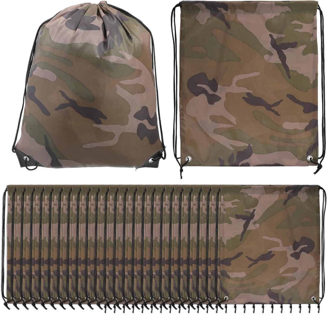 24 Pcs Camo Bag Waterproof Camo Drawstring Bags Bulk Large Army Lightweight Woodland Camouflage Drawstring Classic Gift Bags Army Party Favors Backpack String Bag Travel Gym Sport