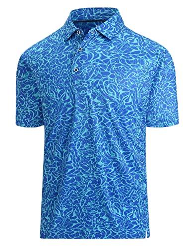 Hodaweisolp Golf Shirts for Men Dry Fit Print Moisture Wicking Performance Short Sleeve Polo Shirt Blue Wave , Size XXL