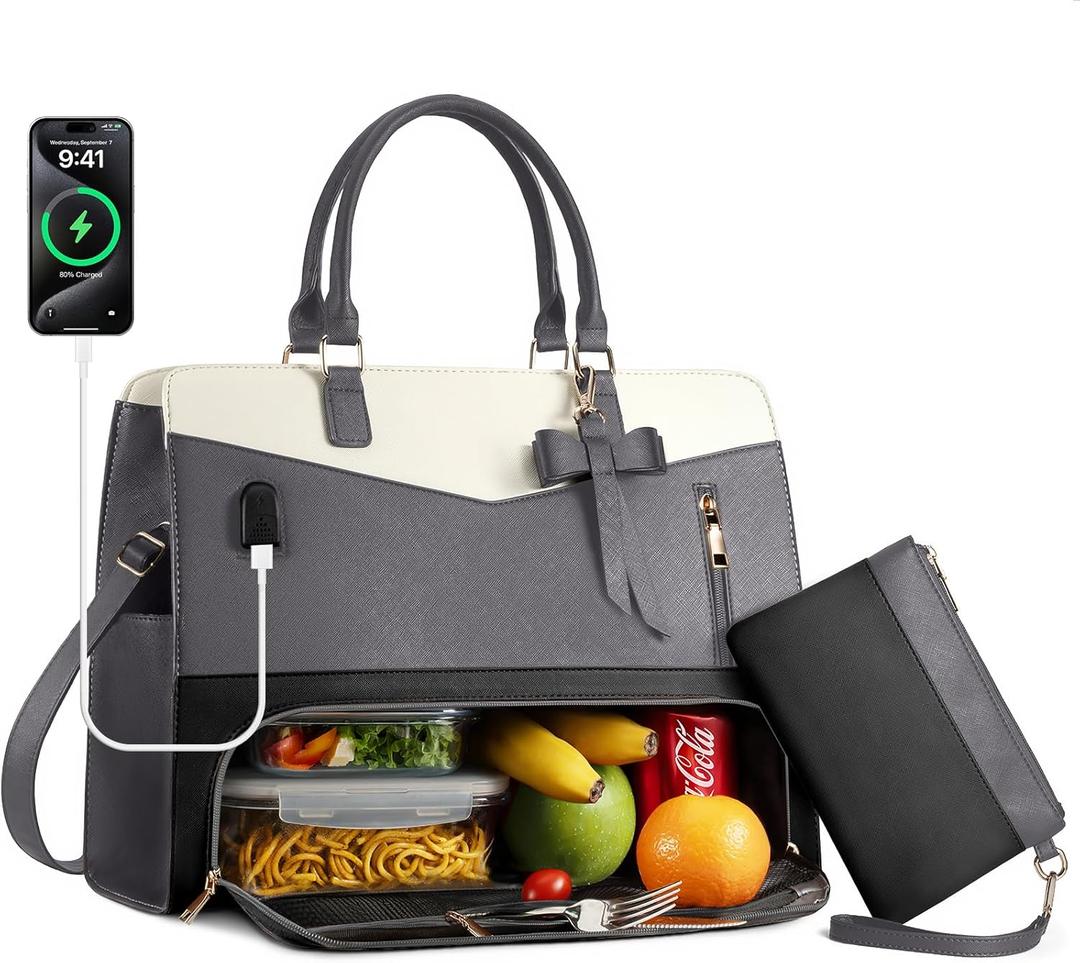 Lunch Tote Bag for Women 2 in 1 Laptop Work Bag with Lunch Insulated Compartment and Purse Combo Leather Crossbody Bag (Black Grey)