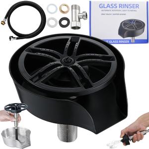 Glass Rinser and Cup Washer for Sink, 360 Rotating Spray Nozzle with Pull-Out Design, Bottle Cleaner - Tilted Base Prevents Splashing, Kitchen Sink Accessories for Home & Bar (Easy Install-Black)