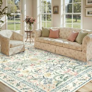 Lahome Boho Rugs for Living Room, Large 8 x 10 Area Rugs for Bedroom Non Slip, Soft Ultra-Thin Distressed Floral Throw Carpet for Office Dining Room, Cream/Multi (Beige)