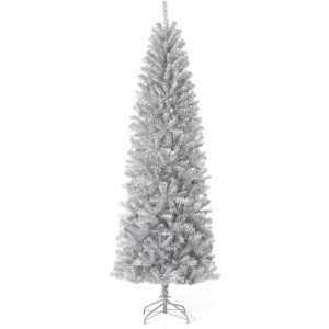 Glitzhome 7.5ft Silver Tinsel Artificial Christmas Tree w/Easy Assembly Metal Stand Artificial Fir Christmas Tree Holiday Decoration
