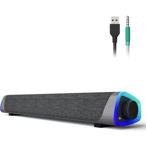 SOULION R30 Computer Speakers, USB Powered PC Speaker, Colorful LED Lights with Switch Button, 3.5mm Aux Surround Soundbar for Desktop Laptop Monitor Office Work Music Gray