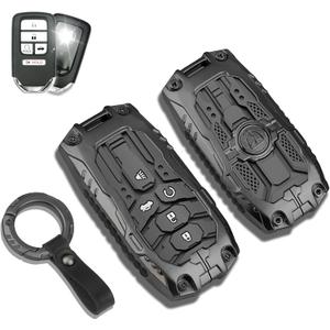 QBUC for Honda Key Fob Cover with Keychain - Heavy Zinc Alloy Shell & Silicone Case for Double Protection - Compatible with 2016-2021 Honda Accord Civic HR-V CR-V Pilot Passport Ridgeline (Black)