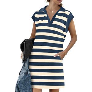Wenrine Womens Striped Summer Mini Dress Casual Cap Sleeve Polo V Neck T Shirt Dresses with Pockets (Small)