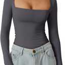 QINSEN Women's Sexy Square Neck Shirt Long Sleeve Double Lined Tees Fitted Going Out Tops (Medium, Dark Grey)