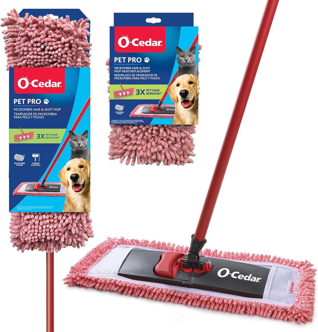 O-Cedar Pet Pro Microfiber Hair & Dust Mop + 1 Mop Head Replacement | 3X Pet Hair Removal* | Electrostatic Dry Dust Mop for Dog & Cat Homes | Hardwood, Tile & Hard Floor Cleaning