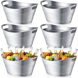 meekoo 6 Pcs Plastic Ice Buckets Bulk with Handles 4.5L Oval Storage Tub Large Capacity Ice Drink Bucket for Easter Summer Party Bar Wine Beer Champagne Beverage Bottle Cooler(4.5 L, Metal)