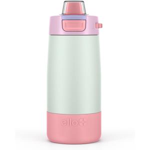 Ello Kids Colby 12oz Stainless Steel Insulated Water Bottle with Straw and Built-In Silicone Coaster Carrying Handle and Leak-Proof Locking Lid for School Backpack, Lunchbox, and Outdoor Sports (Frosted Petal)