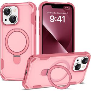 Compatible with iPhone 13 & 14 Case 6.1'' with Magnetic Ring Stand [Military Drop Protection][Compatible with MagSafe] Shockproof 13 & 14 Phone Case for Men Wowen,Pink
