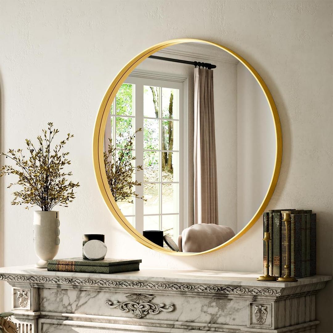 Round Bathroom Mirror 24 inch, Gold Gorgeous Deep Frame Round Wall Mirror, Modern Round Bathroom Vanity Mirror for Bedroom, Living Room, Hanging or Leaning, Gold (24"L x 24"W)