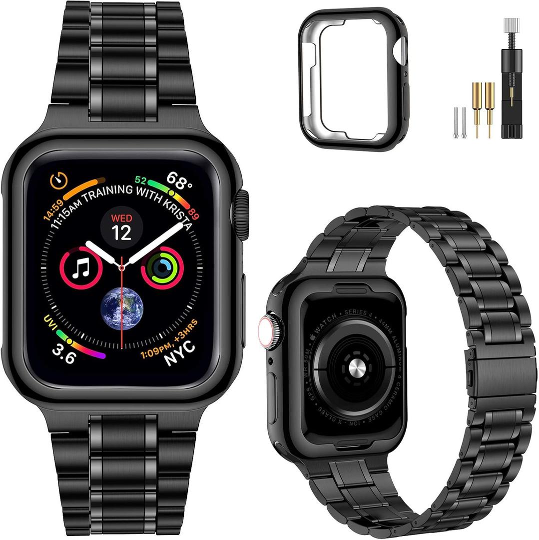 MioHHR Solid Stainless Steel Band Compatible with Apple Watch 44mm 42mm (Series 3/2/1), Metal Strap with Soft TPU Case for iWatch Series 6 5 4 3 2 1 SE SE2 SE3 Women and Men, Black