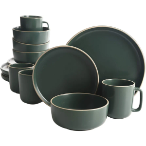 Gibson Home Zuma 16 Piece Round Kitchen Dinnerware Set, Dishes, Plates, Bowls, Mugs, Service for 4, Matte Stoneware, Green