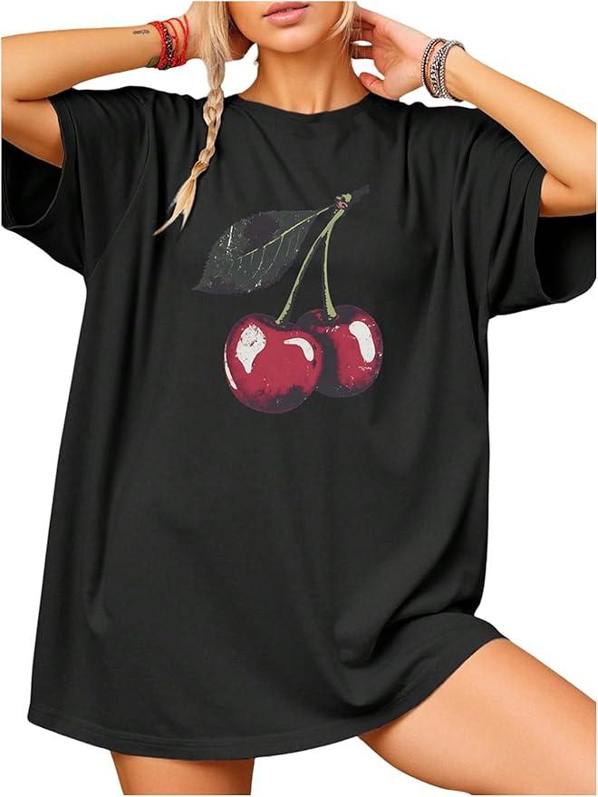 RoseSeek Women's Cherry Graphic Tees Top Crewneck Short Sleeve Baggy T Shirt, XS