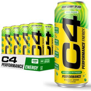 C4 Energy Carbonated Zero Sugar Energy Drink, Pre Workout Drink + Beta Alanine, Sour Gummy Splash, 16 Fl Oz (Pack of 12) (EXP 06/30/26)