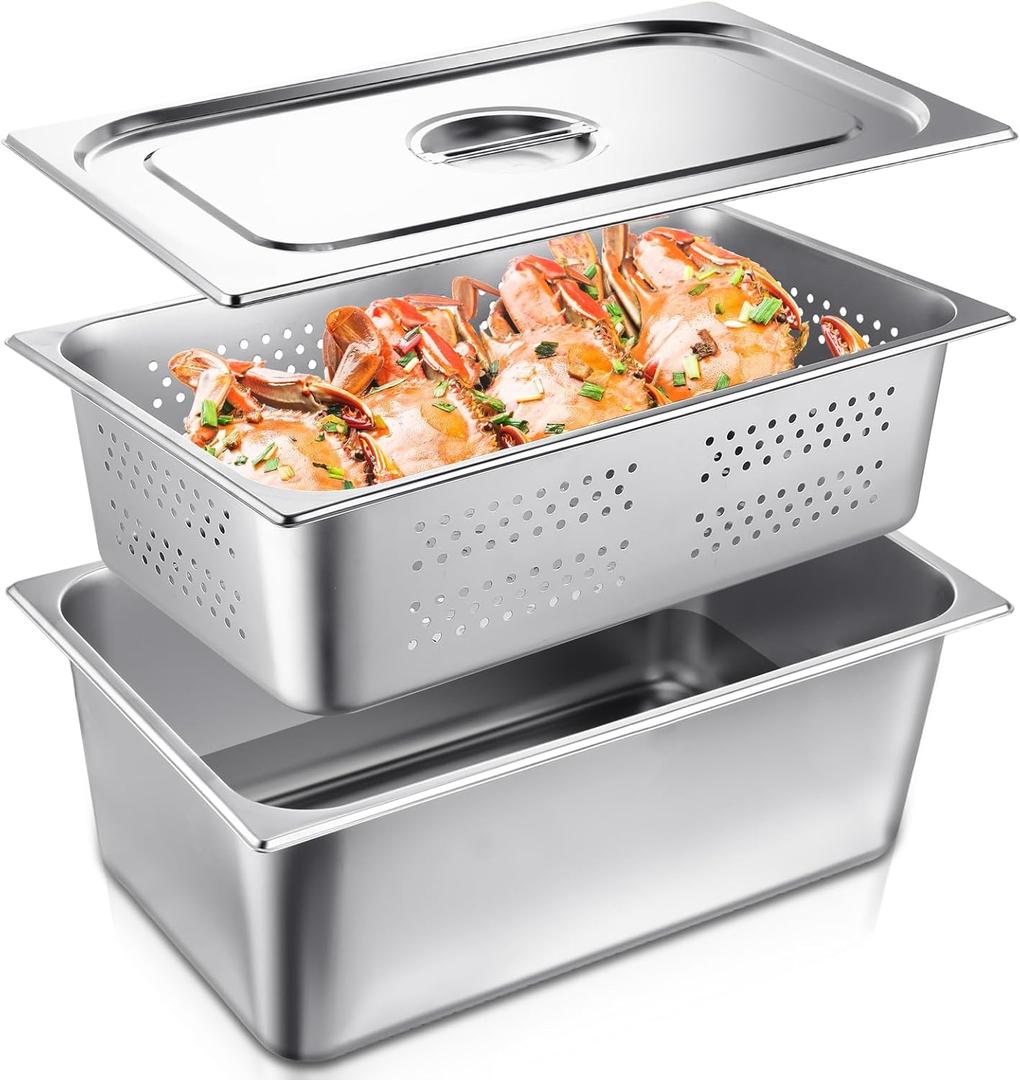 Ferraycle Pack of 3 Full Size 6 Inch, 8 Inch Hotel Pan with Lid Perforated Steam Table Pan Restaurant Supplies for Kitchen, Steam Table Tray for Food Warmer