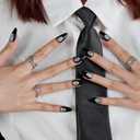 GLAMERMAID Gothic Black Press on Nail Medium Almond, Handmade Jelly Gel Fake Nail with Skull Design, Luminous Glue on Nail Short Oval, Reusable Acrylic Stiletto Stick on False NailS Kit for Women