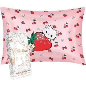 1 Pack Kids Pillowcase - Queen Size 30 x 20 Inches 19 Momme Mulberry Silk Zipper Pillow Case for Hair and Skin Cute Cartoon Kawaii Strawberry Cat Silk Pillowcase for Teens Girls Boys