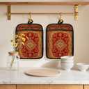 Boho Vintage Oriental Floral Pot Holders 2 Pack Set, Red and Gold Antique Rustic Flower Heat Resistant Oven Hot Pads for Kitchen Countertop Baking066 Potholder