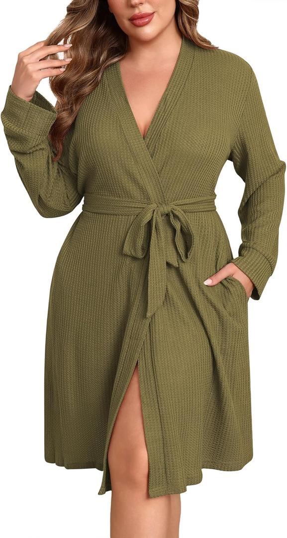 Ekouaer Women's Plus Size Robe Waffle Knit Bathrobe Short Lightweight Kimono Robes with Pockets Maternity Robe 1x-5x (2X, Army Green)