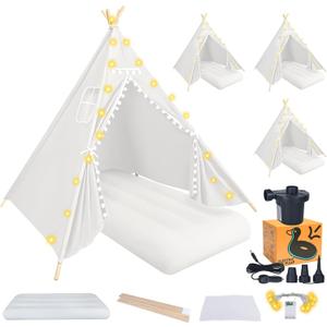 4 Teepee Tent for Kids, Sleepovers Tent for Kids, Inflatable Airbed with Mattresses,Star Lights, Fitted Sheet,Charging Pump, Birthday Slumber Party Girls Boys