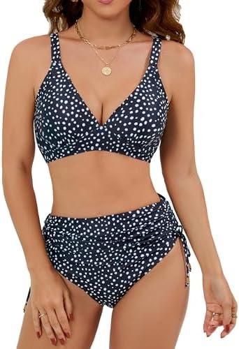 Edelqual Women High Waisted Bikini Sets Tummy Control Swimsuits Two Piece Bathing Suit 2025 Full Coverage Swimwear, Extra Large, Black Polka Dots 