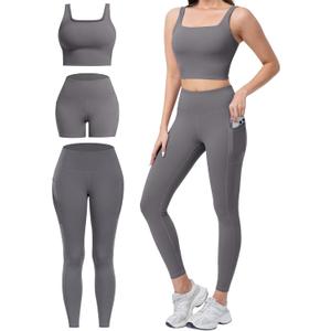 3 Piece Workout Sets for Women High Waisted Leggings with Pockets Tummy Control Biker Shorts Yoga Sports Bra (Medium, Grey)