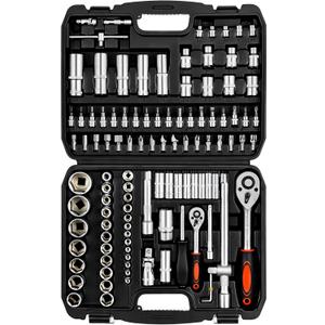 XHTT Mechanics Tools Kit,108-Piece 1/4"&1/2 Metric And Standard Socket Set,Ratchet Set,Quick Release Reversible Ratchet Wrench,Universal Joint,Extension Bars.