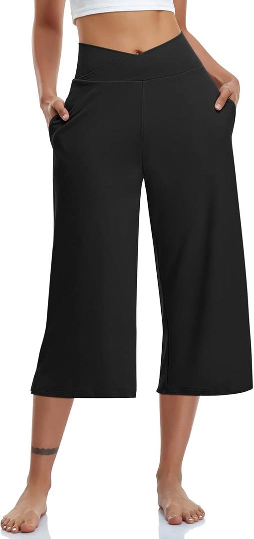 TARSE Womens Casual Wide Leg Yoga Capris Crossover High Waist Capri Pants Loose Soft Pajama Pockets Sweatpants (Black, M)