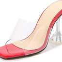 Women's Clear Square Open Toe High Heel Sandals Fashion Slip On Backless Crystal Stiletto Heel Slide Sandals Sexy Wedding Party Prom Dress Shoes 4.5-14 Size (Red)