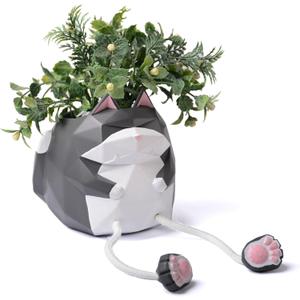 HAUCOZE Cat Planter Succulent Pot Animal Statue Modern Decor 4.9 Inch | Polyresin Storage for Small Things, Flower Pot for Cactu Plant, Interior Sculpture Gift for Cabinet Bookshelf