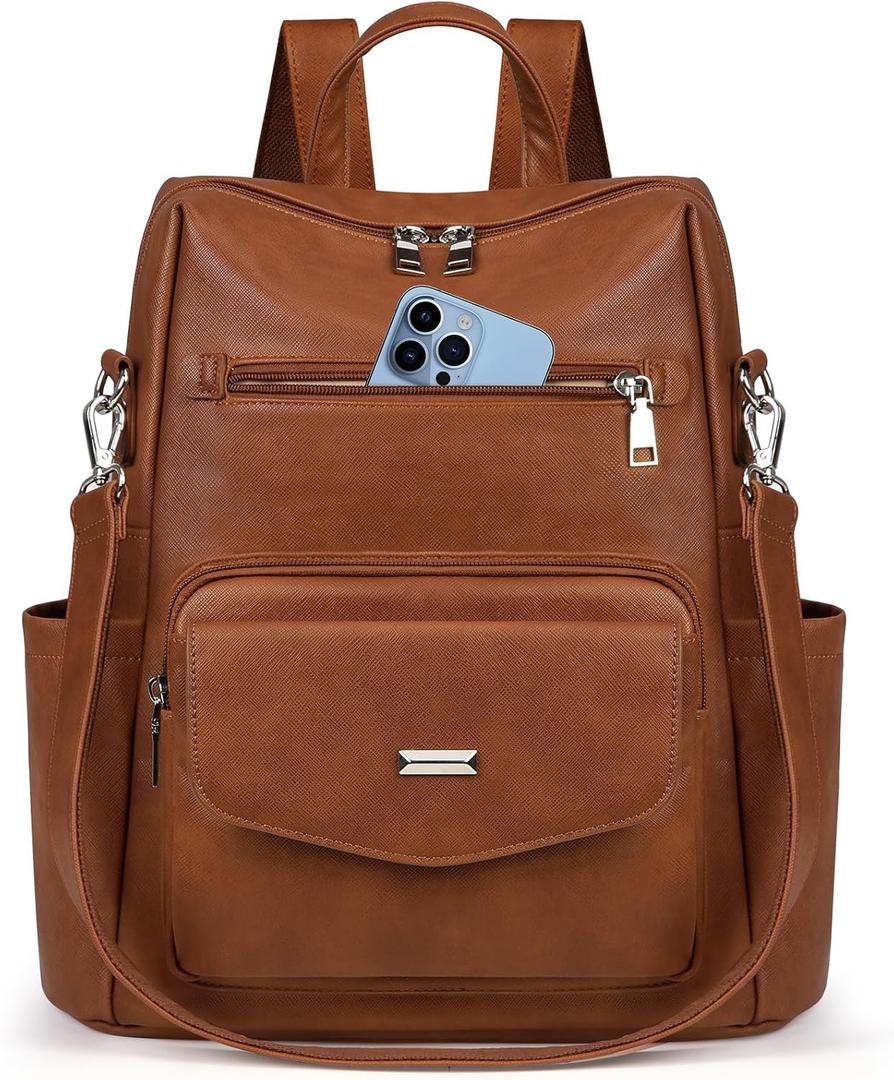 RAINSMORE Convertible Backpack Purse for Women Designer PU Leather Backpack Purse Waterproof Women's Fashion Backpack Handbags 13.3 Inch Anti Theft Crossbody Shoulder Bag for Work Travel College Brown