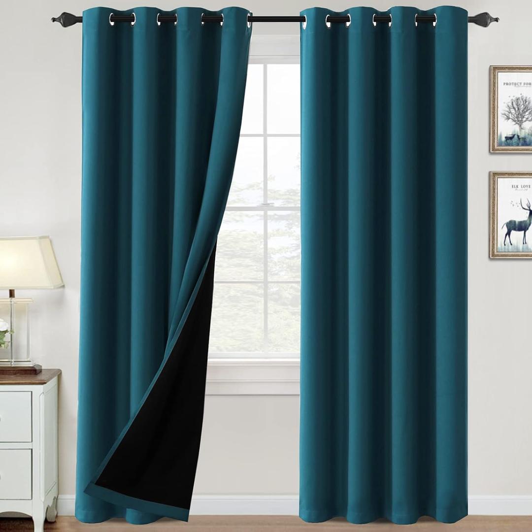H.VERSAILTEX 100% Blackout Curtains for Bedroom Thermal Insulated Blackout Curtains 84 inch Length Heat and Full Light Blocking Curtains for Living Room with Black Liner 2 Panels Set, Dark Teal