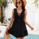 Blooming Jelly Womens Bathing Suit Cover Up Pleated Lace Up Swim Beach Dress Flower Trim Swimsuit Coverup with Pockets (Black, M)