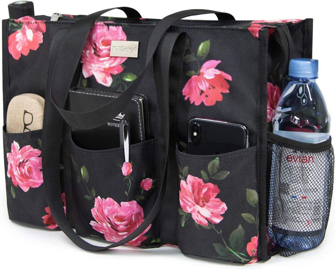 TOPDesign Utility Water Resistant Tote Bag with 13 Pockets, Top Zipper Closure & Thick Bottom Support, for Working Women (Medium, Peony)