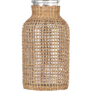 WHJY Boho Glass Vase, Rattan Vase, Farmhouse Rattan Dcor, Round Flower Vase Basket Vase for Floral Arrangements -8 inch (Large)