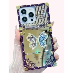 Cute Compatible with iPhone 16 Pro Max Case,Luxury Bling Butterfly with Foldable Stand Kickstand for Women Girls,Glossy Mirror Shockproof Protective Case for 16 Pro Max 6.9(Purple) (Mirror Purple)