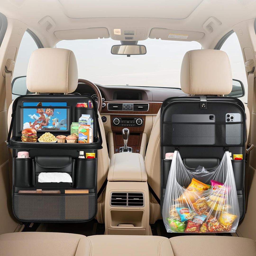 2 Pack Leather Car Backseat Organizer with Foldable Table Tray, Garbage Bag Hook, Protector Kick Mats for Kids, 8 Large-Capacity Pocket, Universal Car Seat Protector for Kids, Pets & Travel