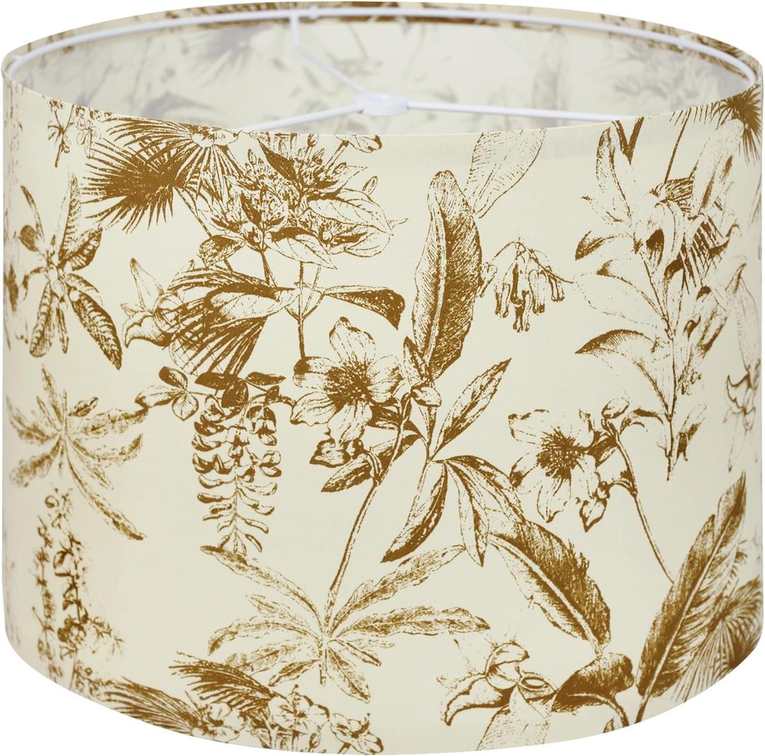 Fabric Lamp Shades Medium Drum for Table Lamps Sketch Leaves Plants Print Countryside, 13" Top x13" Bottom x 10" High Spider Fitter, Replacement Lampshades for Bedside Lamps