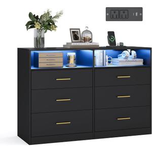 VASAGLE Custos Collection - Dresser for Bedroom, with LED Lights and Power Strip, Chest of Drawers, Modern, TV Stand for Living Room, 6 Drawers, 15.8 x 46.9 x 32 Inches, Ink Black ULTS316BC01S
